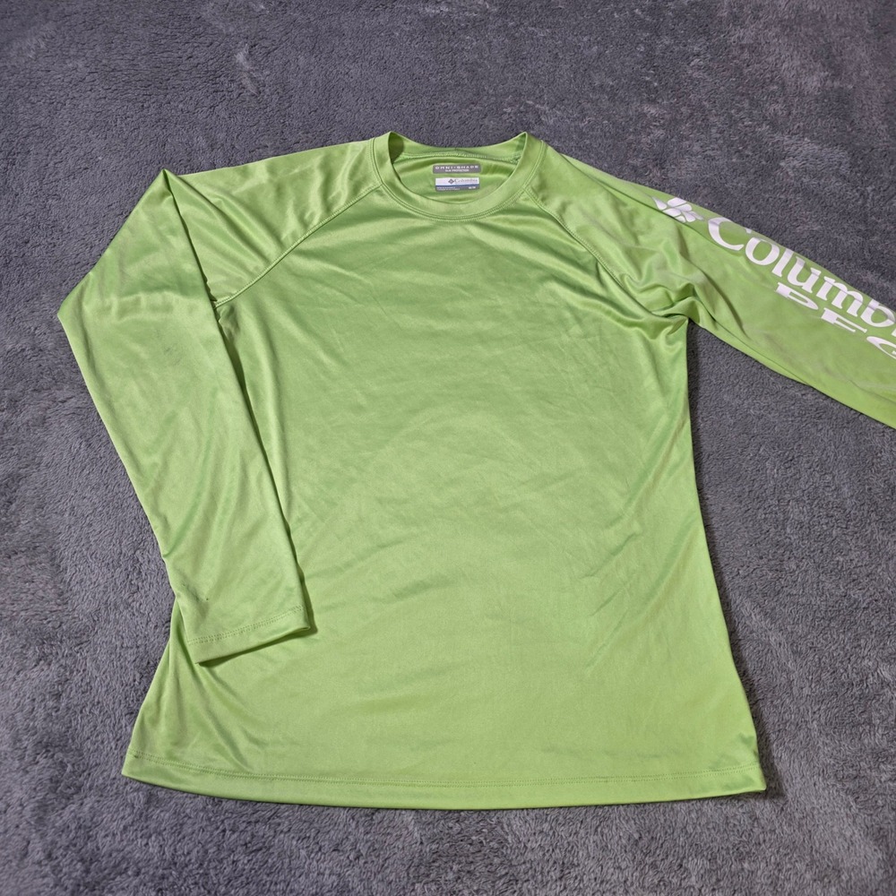 Columbia Mens Medium PFG Long Sleeve Shirt Lime Green Omni-Shade Sun Protection
